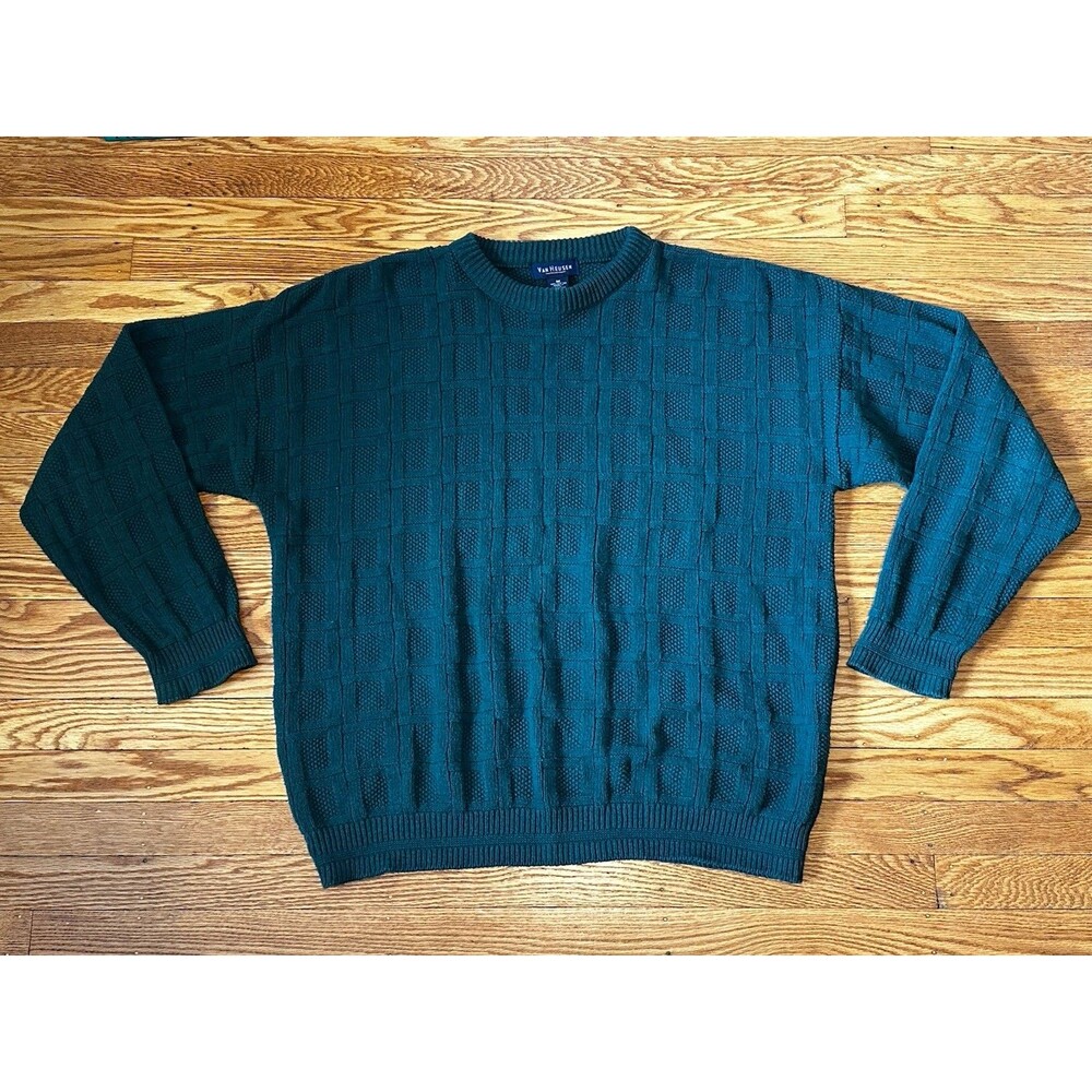 Van Heusen Cable Knit Sweater Medium USA 100% Cotton Chunky Green Vintage 90s